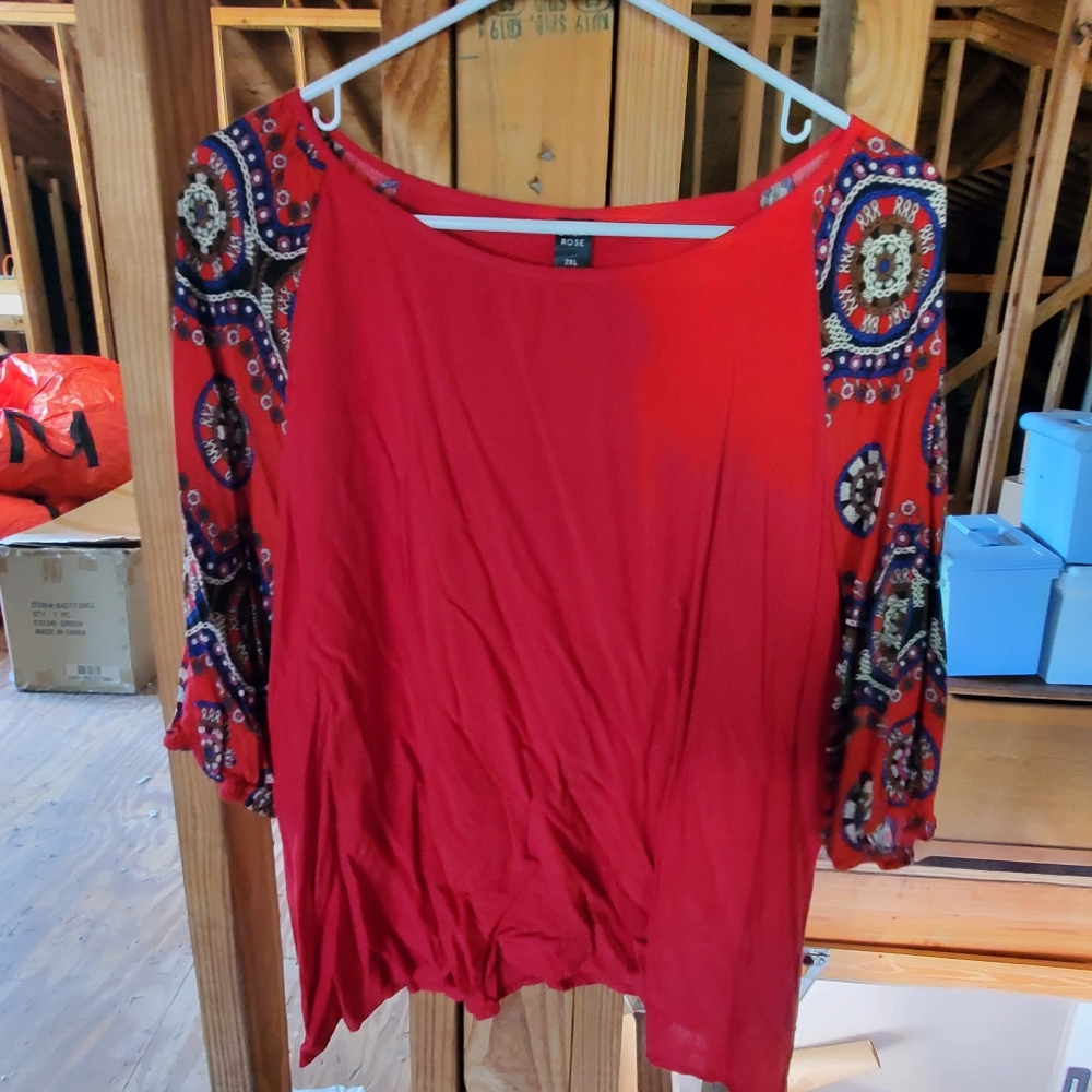 Red blouse with accent sleeves